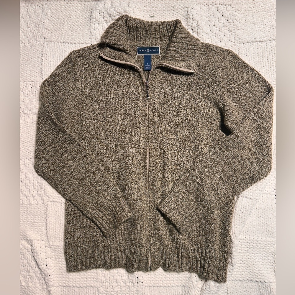 Karen Scott Marbled Tan Brown Zip Up Sweater